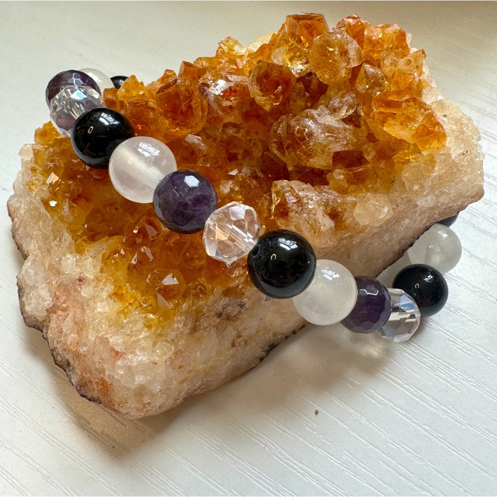 Handmade Selenite, Black Tourmaline, Amethyst, & Crystal Bracelet